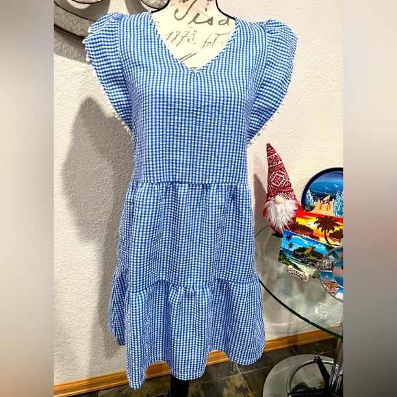 Blue checkered dress size LARGE - Picture 1 of 5